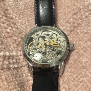 Akribos XXIV Automatic Skeleton Watch with Black Leather Strap